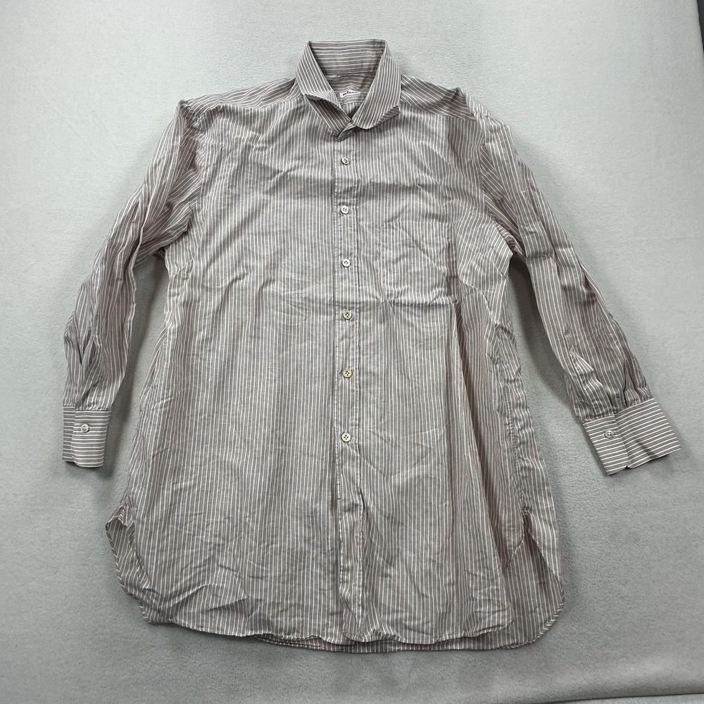 Kiton Shirt Mens 17 43 Tan White Striped Cotton Linen Long Sleeve Dress